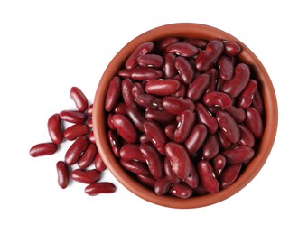 Photo of Dried red beans in bowl isolated on white, top view