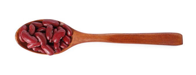 Dried red beans in spoon isolated on white, top view