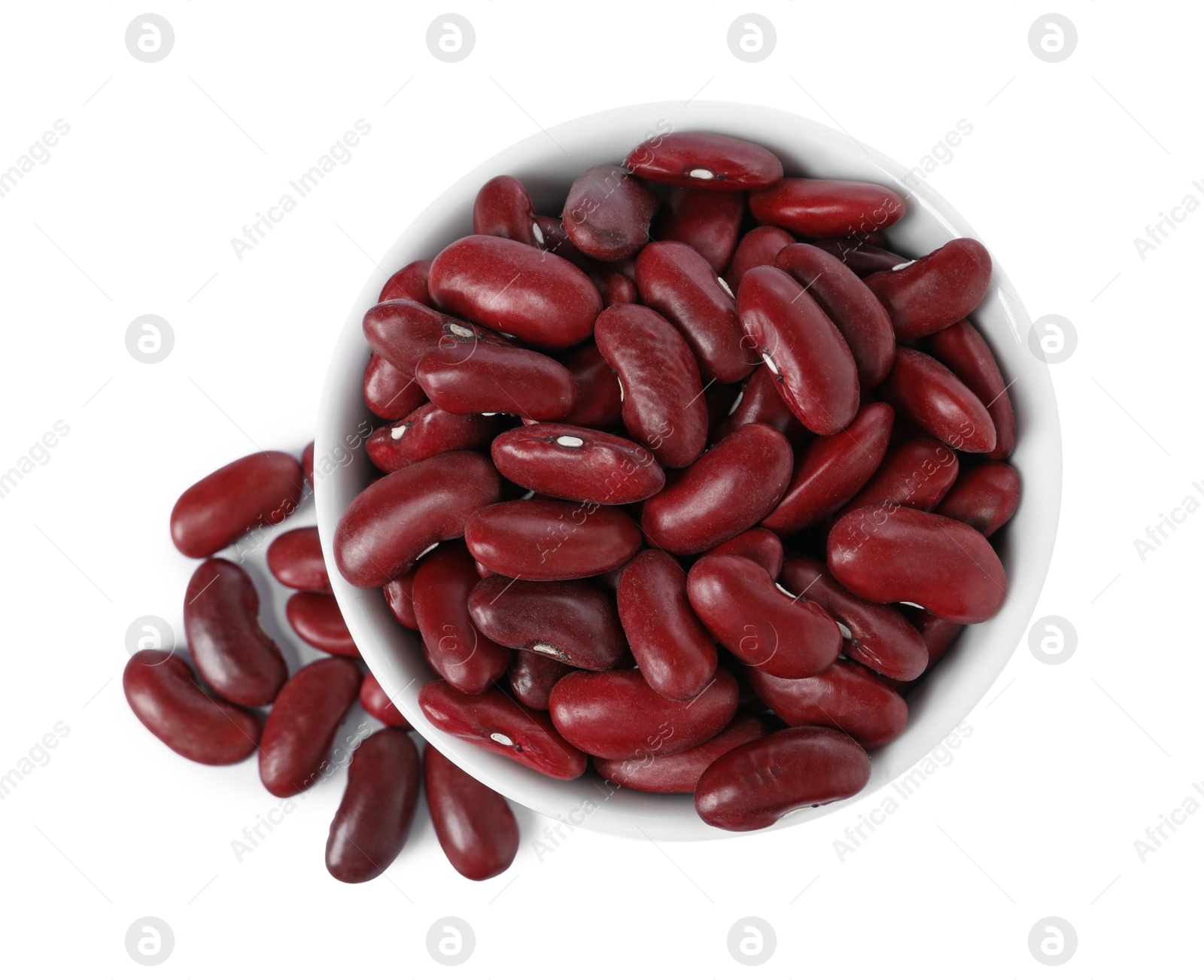 Photo of Dried red beans in bowl isolated on white, top view