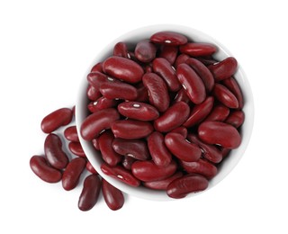 Photo of Dried red beans in bowl isolated on white, top view