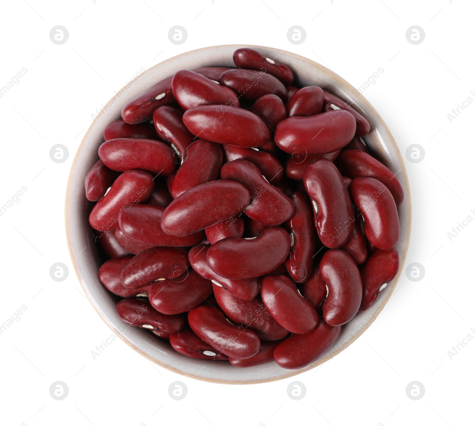 Photo of Dried red beans in bowl isolated on white, top view