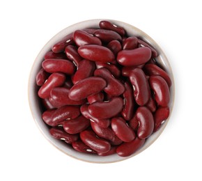 Photo of Dried red beans in bowl isolated on white, top view