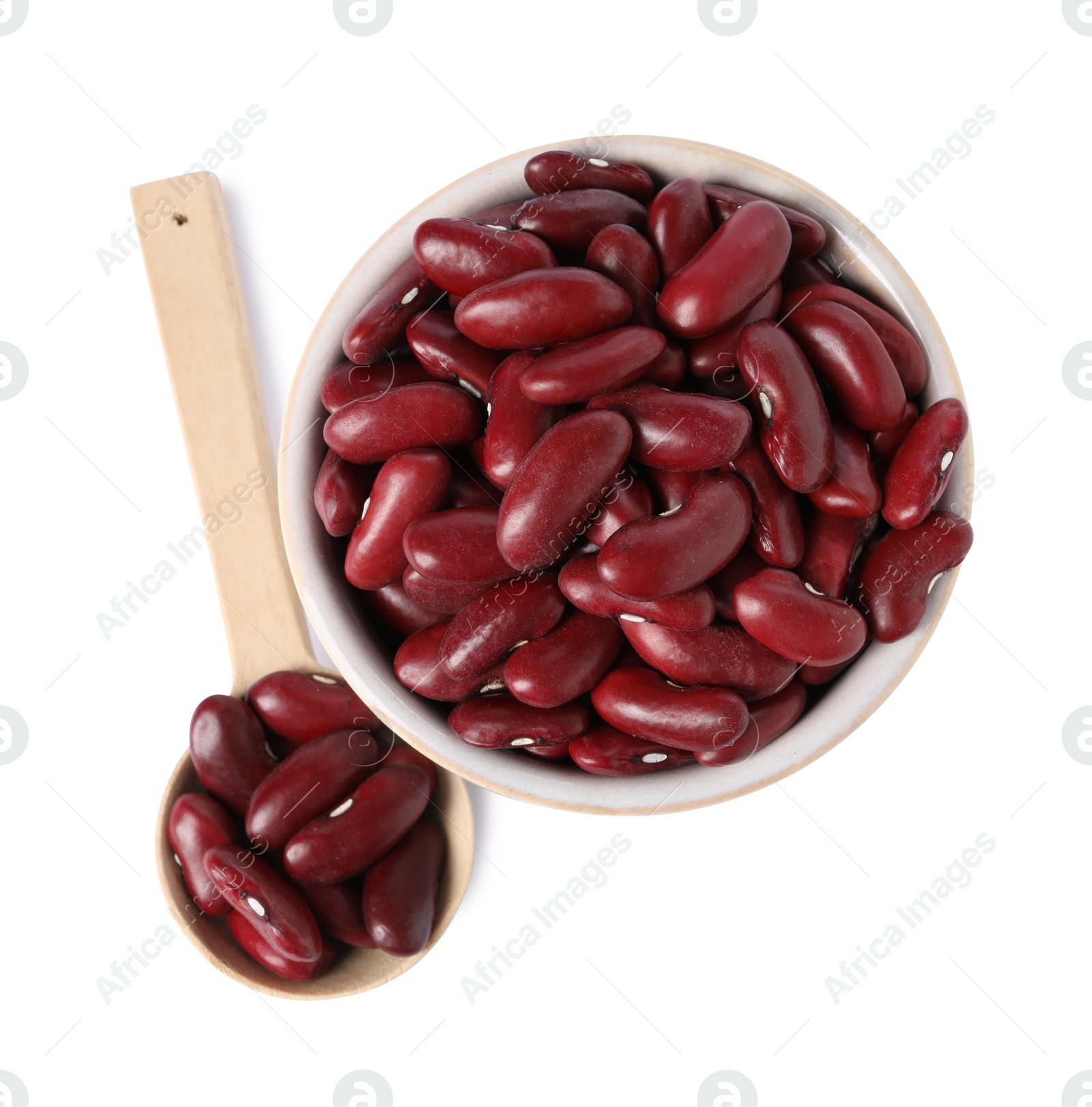 Photo of Dried red beans in bowl and spoon isolated on white, top view