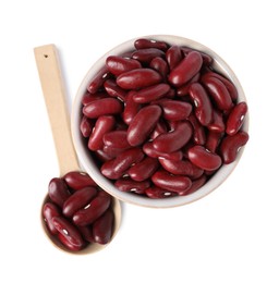 Photo of Dried red beans in bowl and spoon isolated on white, top view