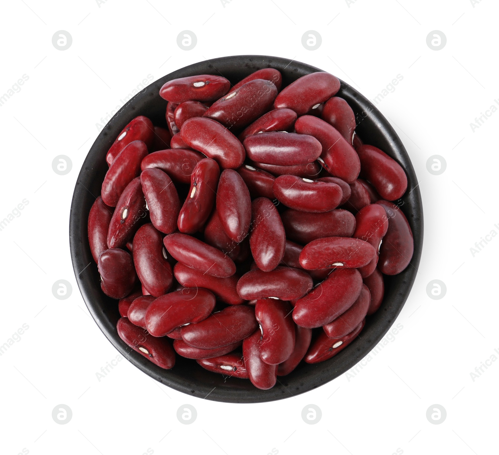 Photo of Dried red beans in bowl isolated on white, top view