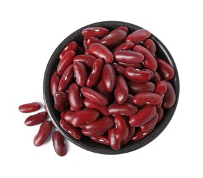 Photo of Dried red beans in bowl isolated on white, top view