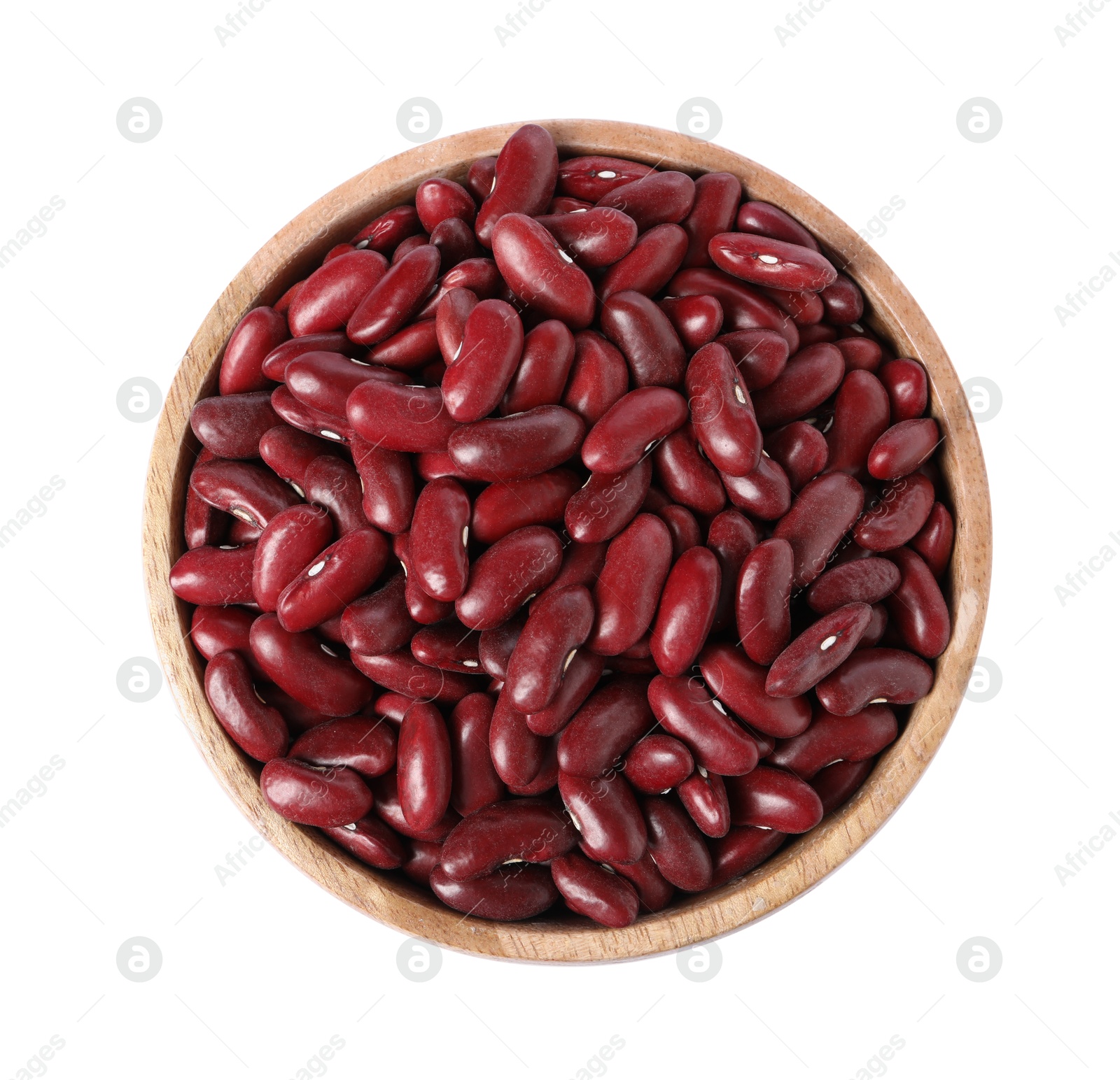 Photo of Dried red beans in bowl isolated on white, top view