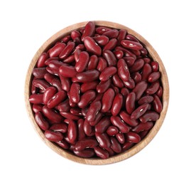 Dried red beans in bowl isolated on white, top view