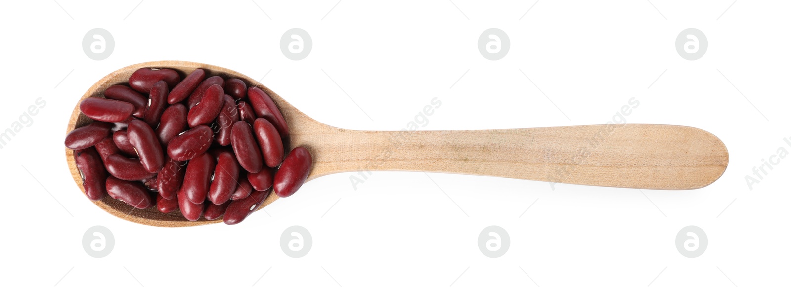 Photo of Dried red beans in spoon isolated on white, top view