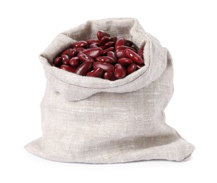 Dried red beans in burlap isolated on white