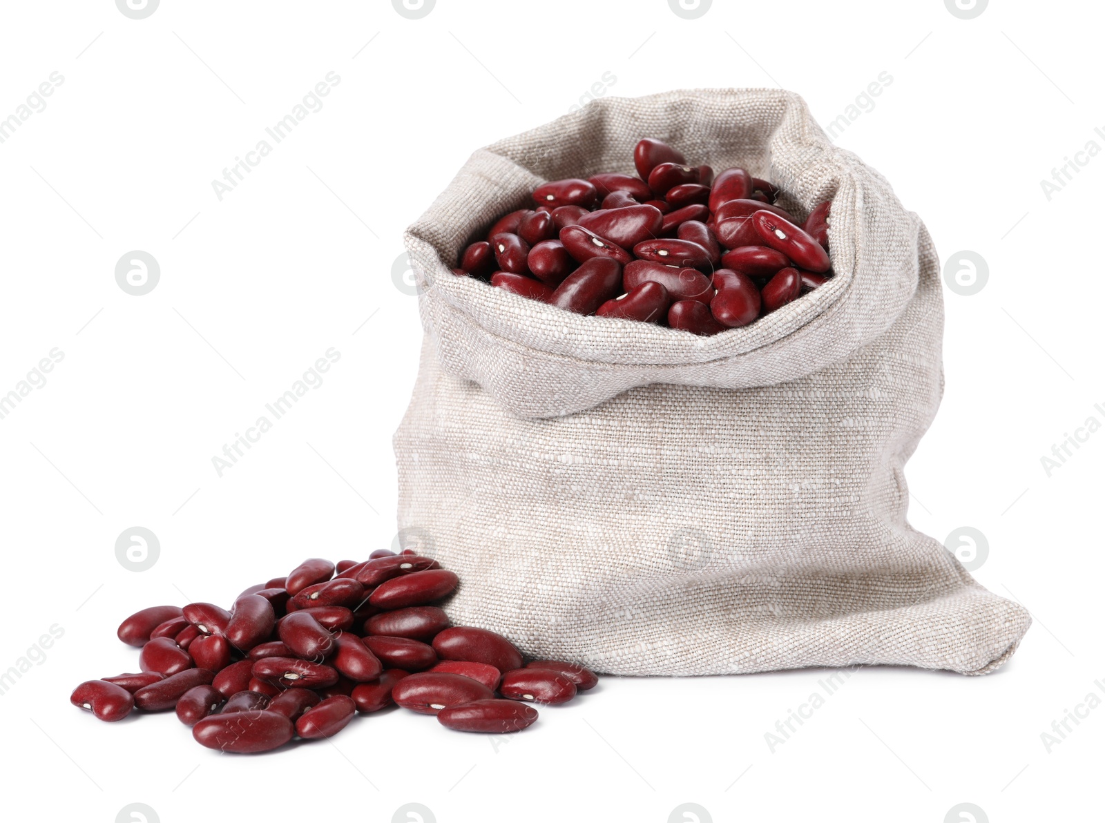 Photo of Dried red beans in burlap isolated on white