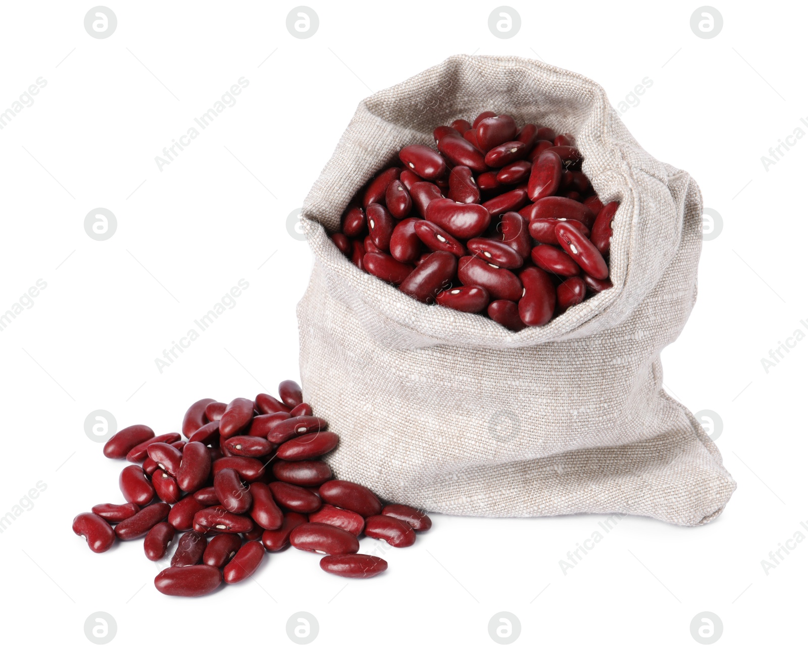 Photo of Dried red beans in burlap isolated on white