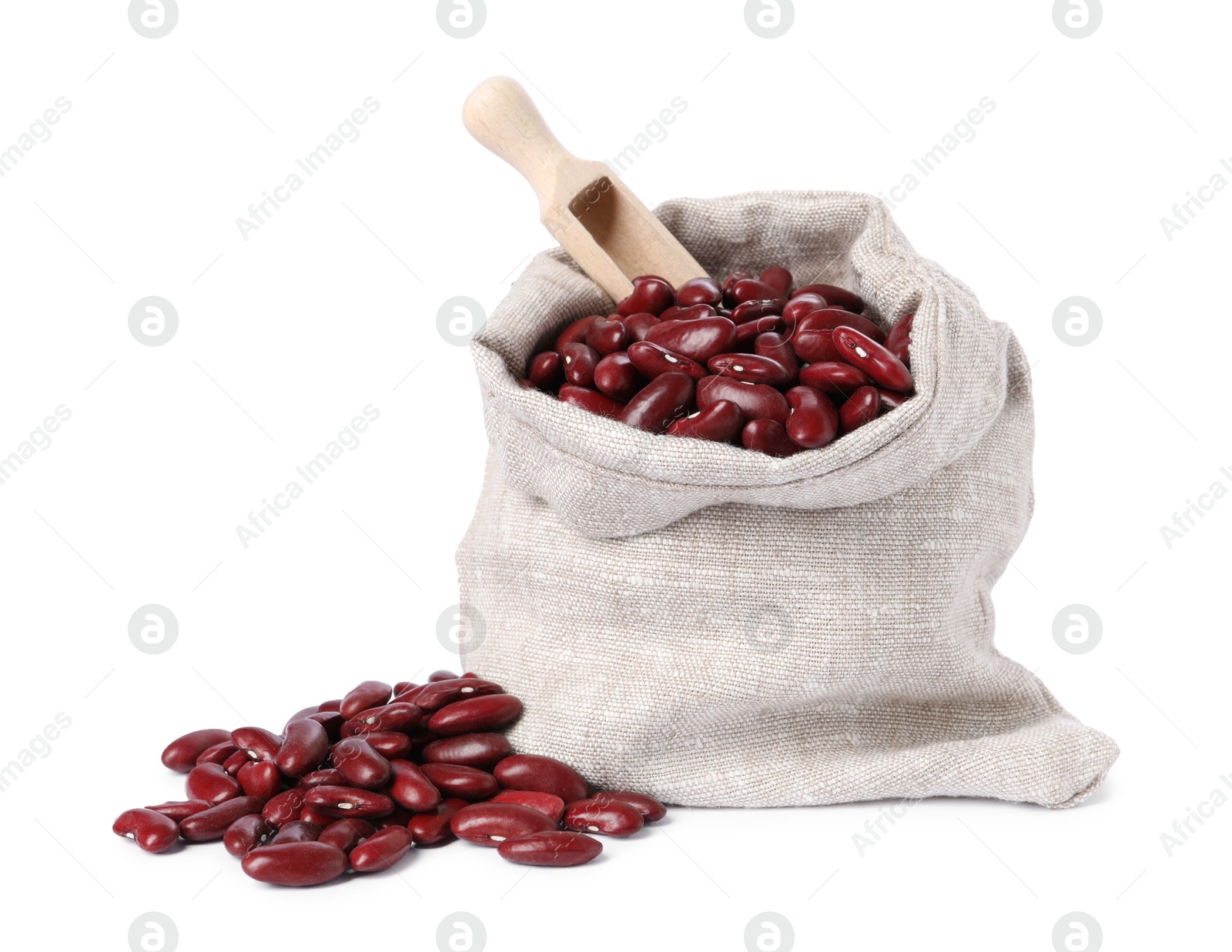 Photo of Dried red beans in burlap with scoop isolated on white