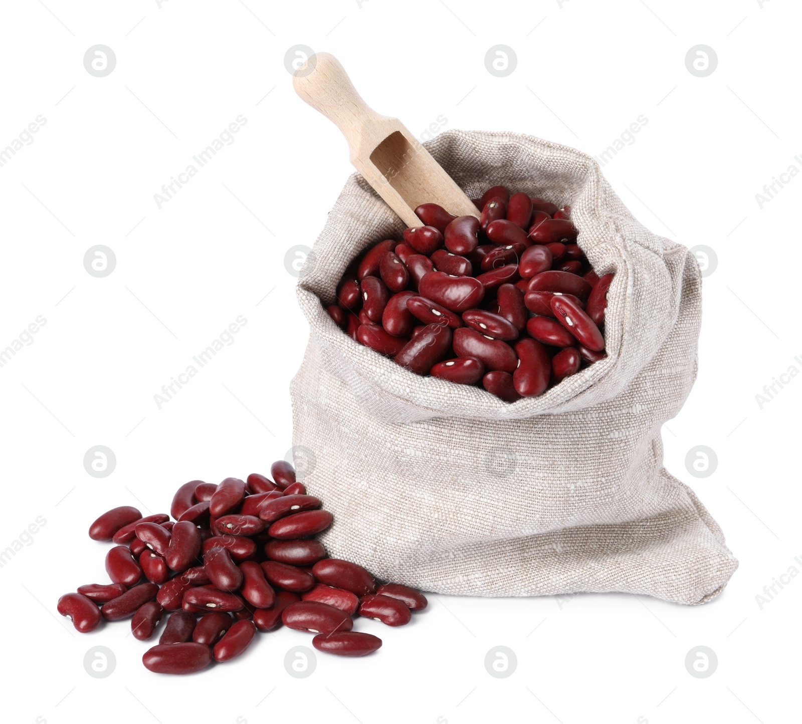 Photo of Dried red beans in burlap with scoop isolated on white