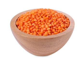 Photo of Raw lentils in bowl isolated on white