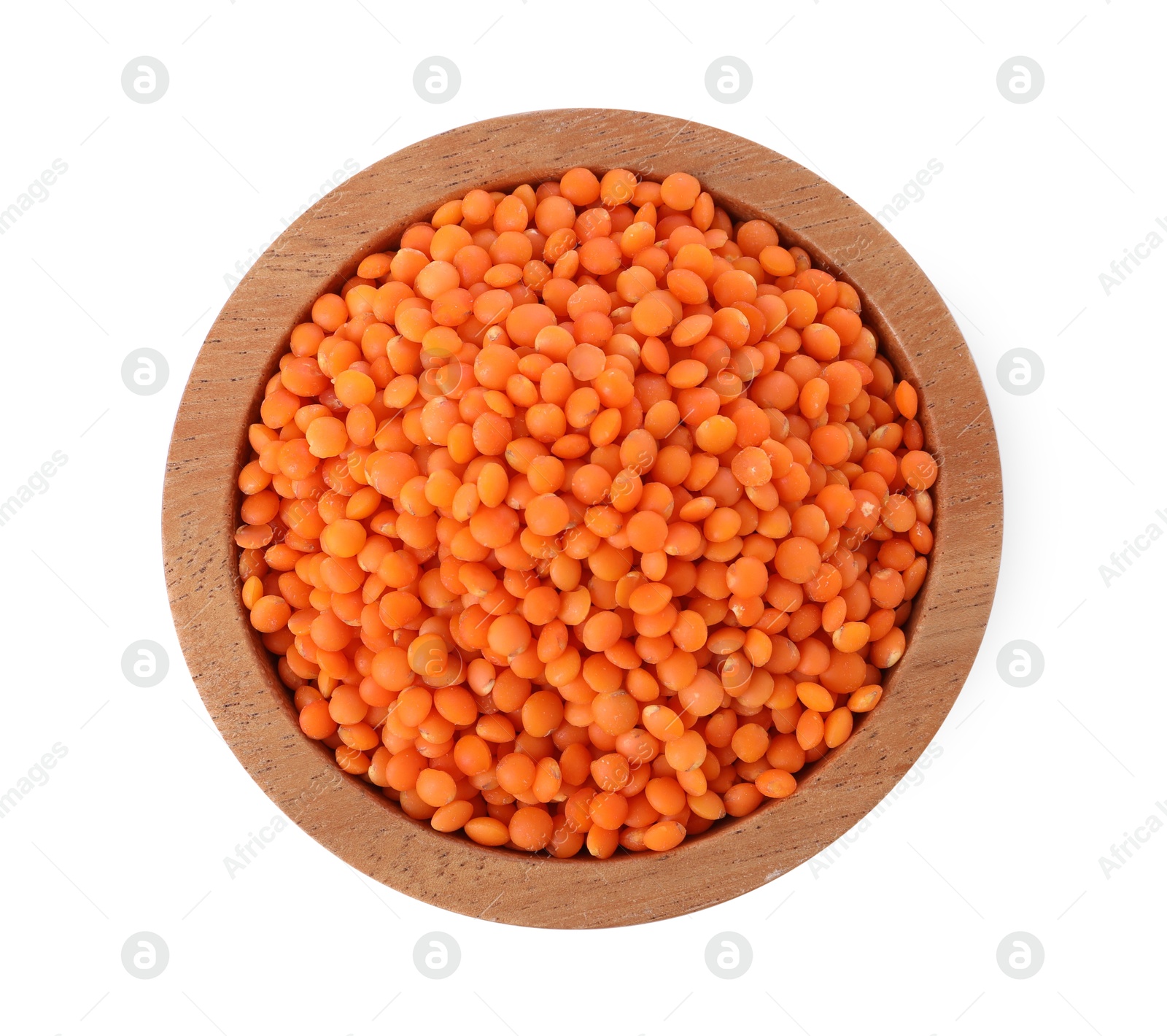 Photo of Raw lentils in bowl isolated on white, top view