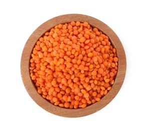 Raw lentils in bowl isolated on white, top view