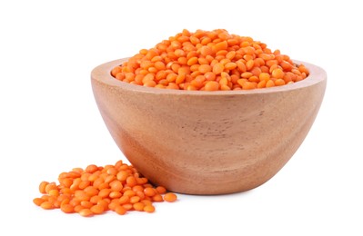 Photo of Raw lentils in bowl isolated on white