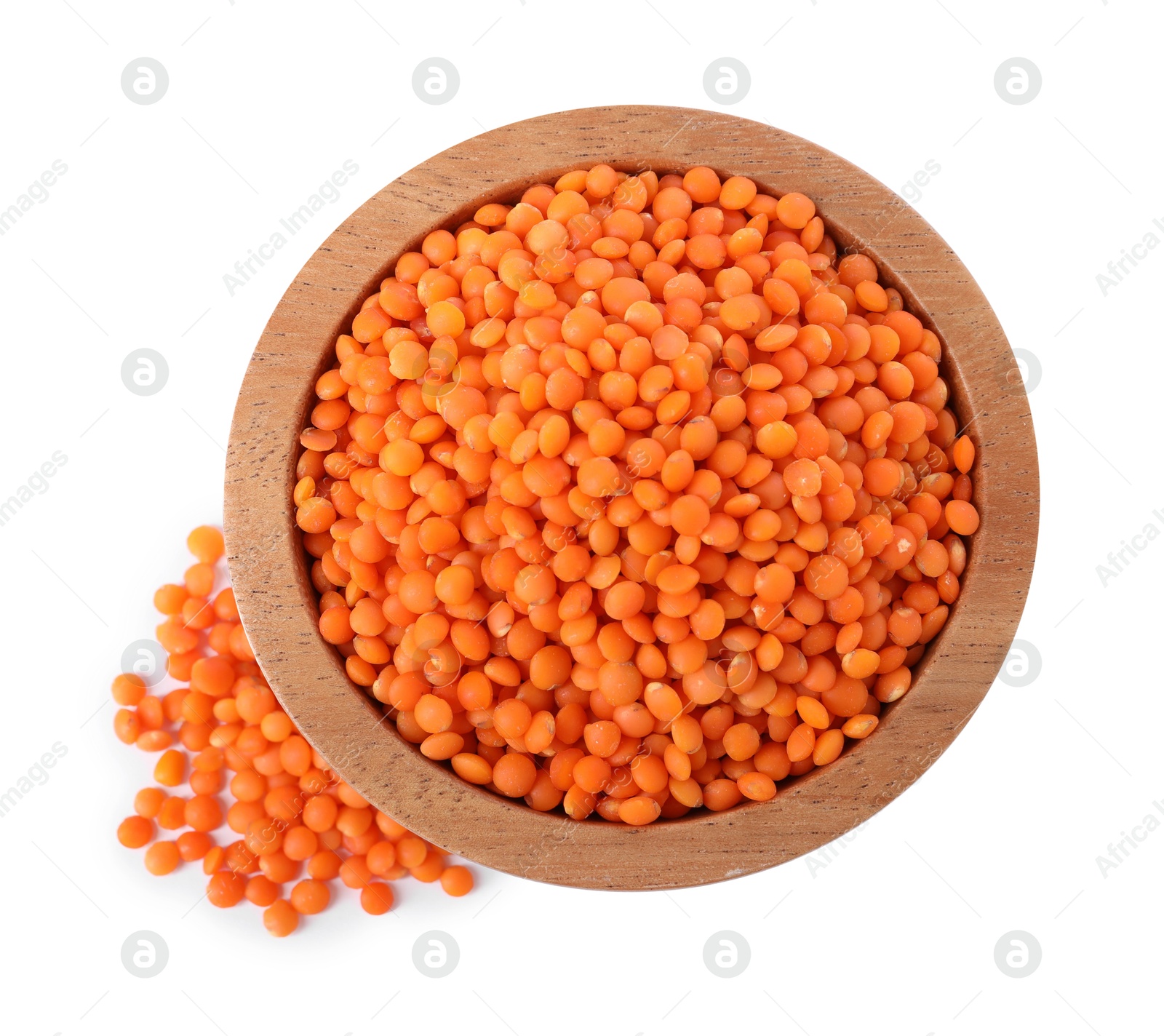 Photo of Raw lentils in bowl isolated on white, top view