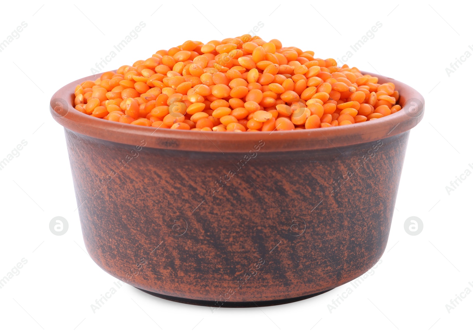 Photo of Raw lentils in bowl isolated on white