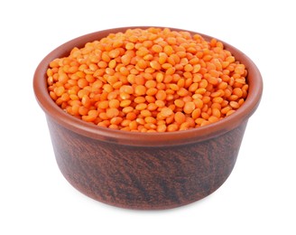 Photo of Raw lentils in bowl isolated on white