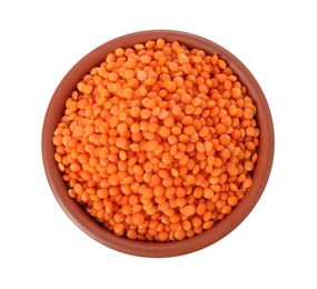 Photo of Raw lentils in bowl isolated on white, top view