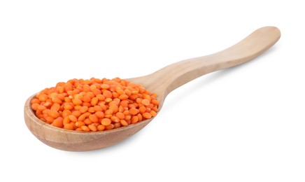 Photo of Raw lentils in spoon isolated on white