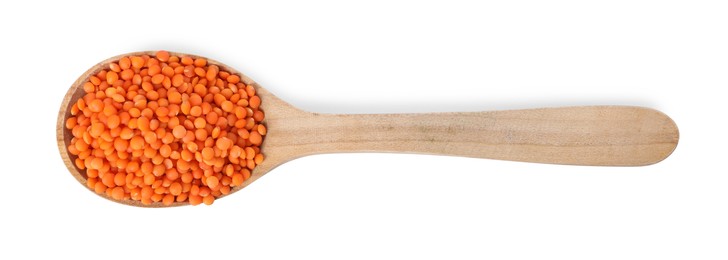 Raw lentils in spoon isolated on white, top view