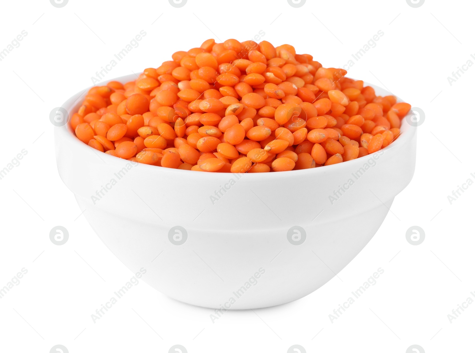 Photo of Raw lentils in bowl isolated on white