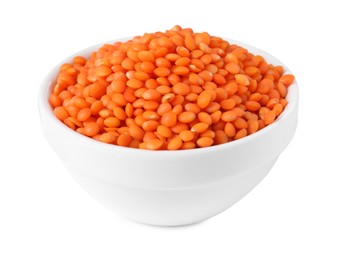 Photo of Raw lentils in bowl isolated on white