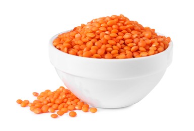 Photo of Raw lentils in bowl isolated on white