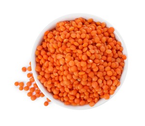 Photo of Raw lentils in bowl isolated on white, top view