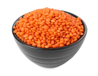 Photo of Raw lentils in bowl isolated on white