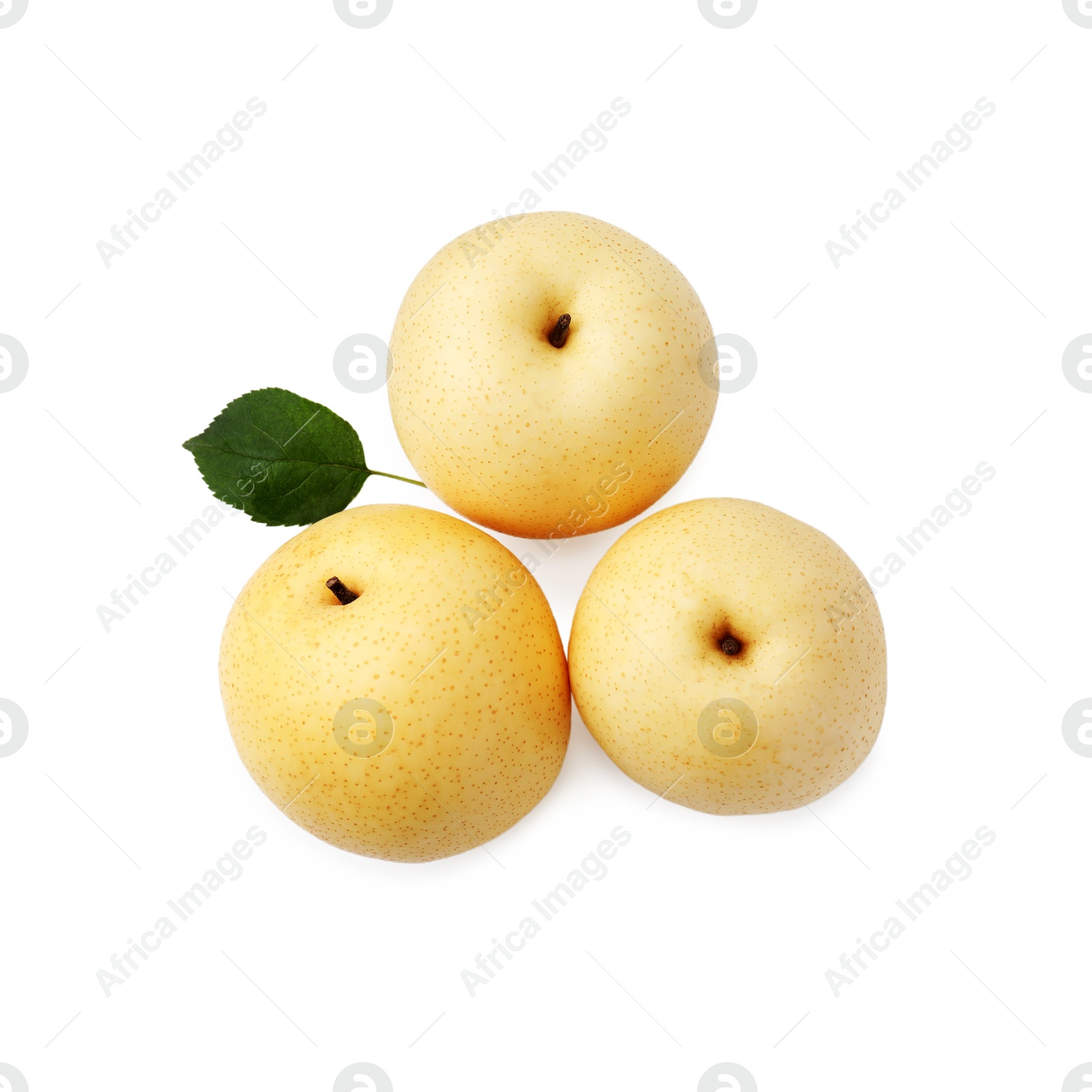 Photo of Delicious fresh apple pears and green leaf isolated on white, top view