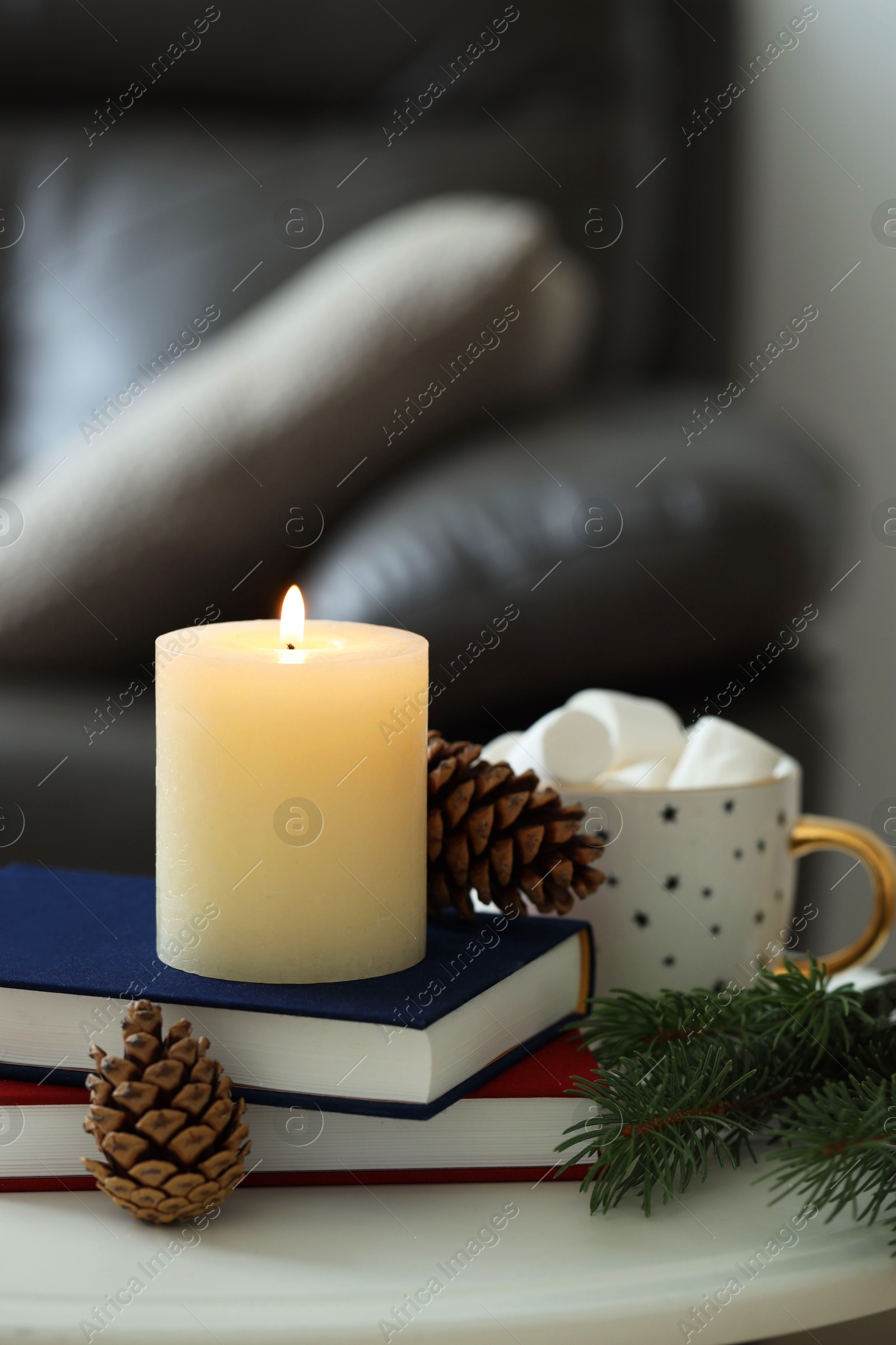 Photo of Burning candle, books, fir branches and cones on coffee table indoors, space for text. Christmas atmosphere