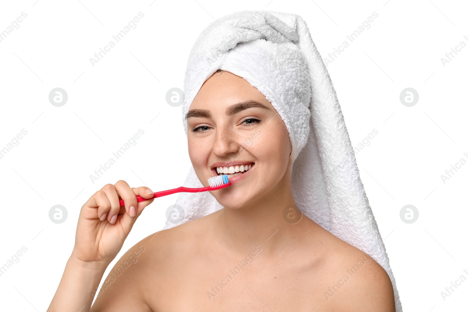 Photo of Beautiful woman brushing her teeth on white background