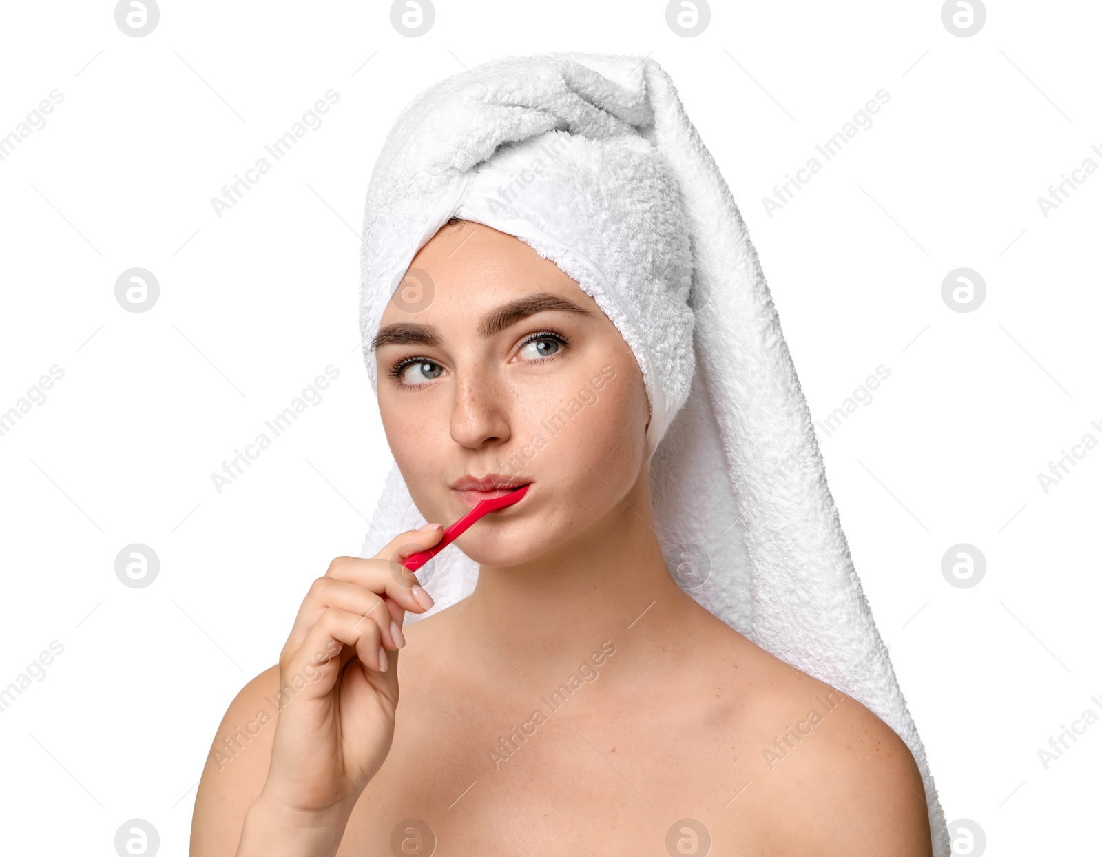 Photo of Beautiful woman brushing her teeth on white background