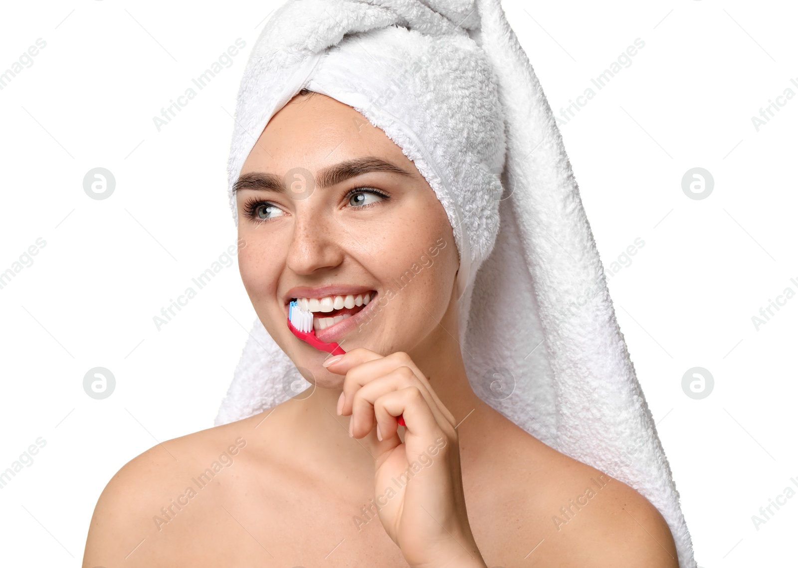 Photo of Beautiful woman brushing her teeth on white background