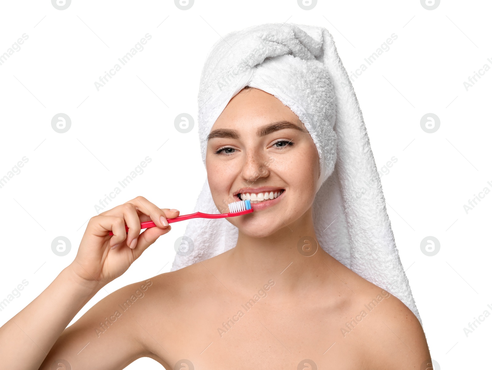 Photo of Beautiful woman brushing her teeth on white background