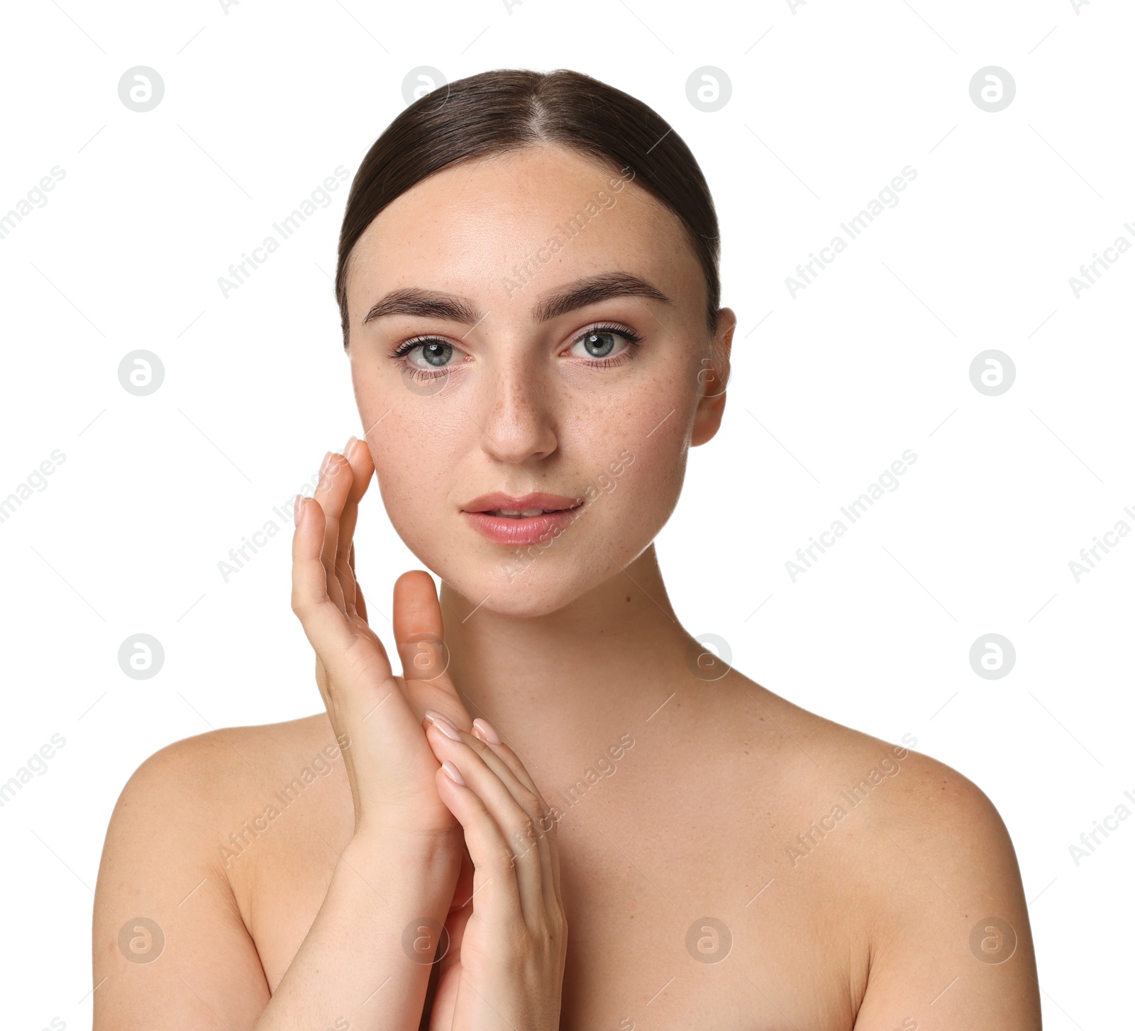 Photo of Beautiful young woman with healthy skin on white background