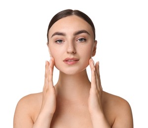 Face massage. Beautiful young woman on white background