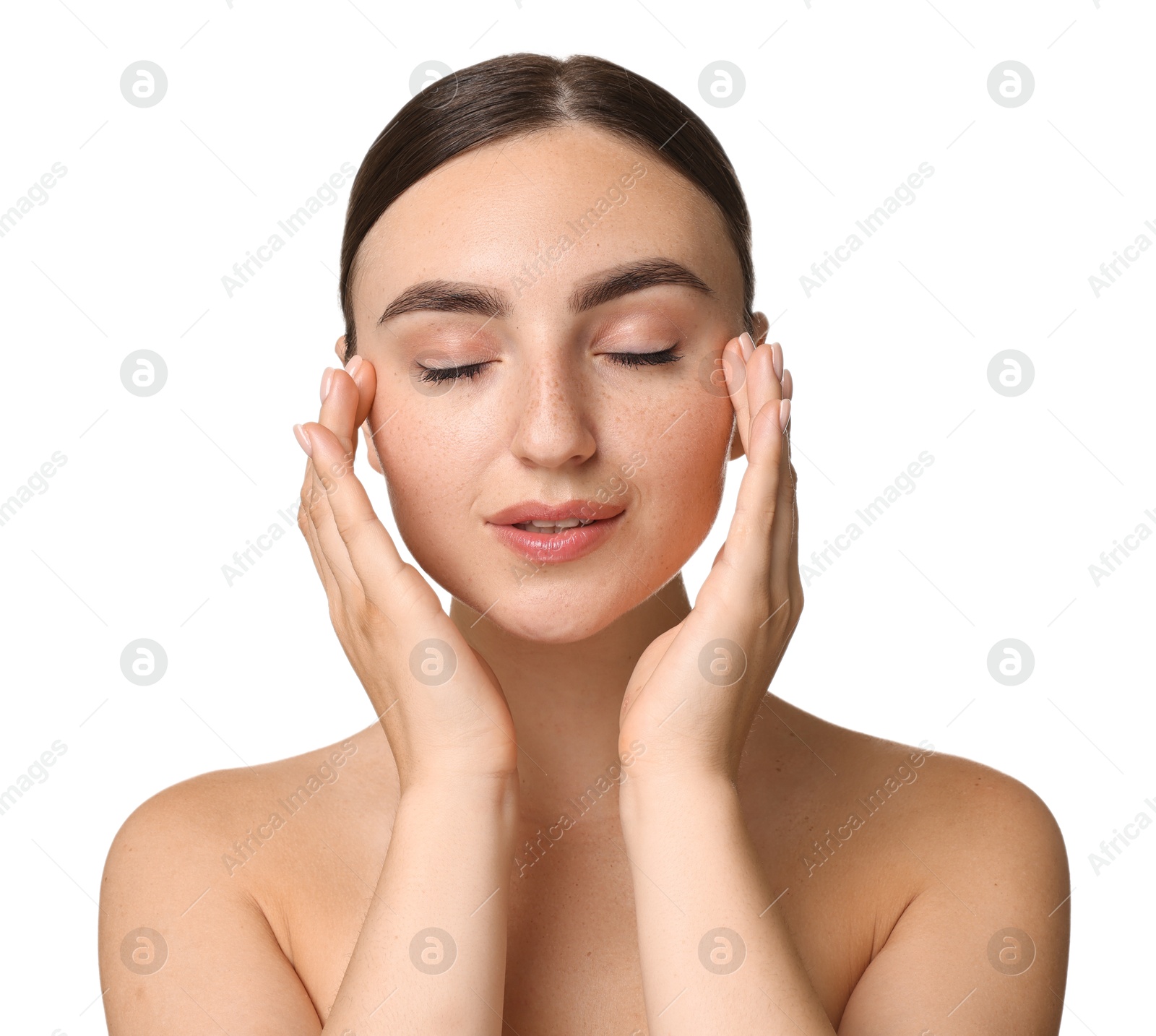 Photo of Beautiful young woman doing facial massage on white background