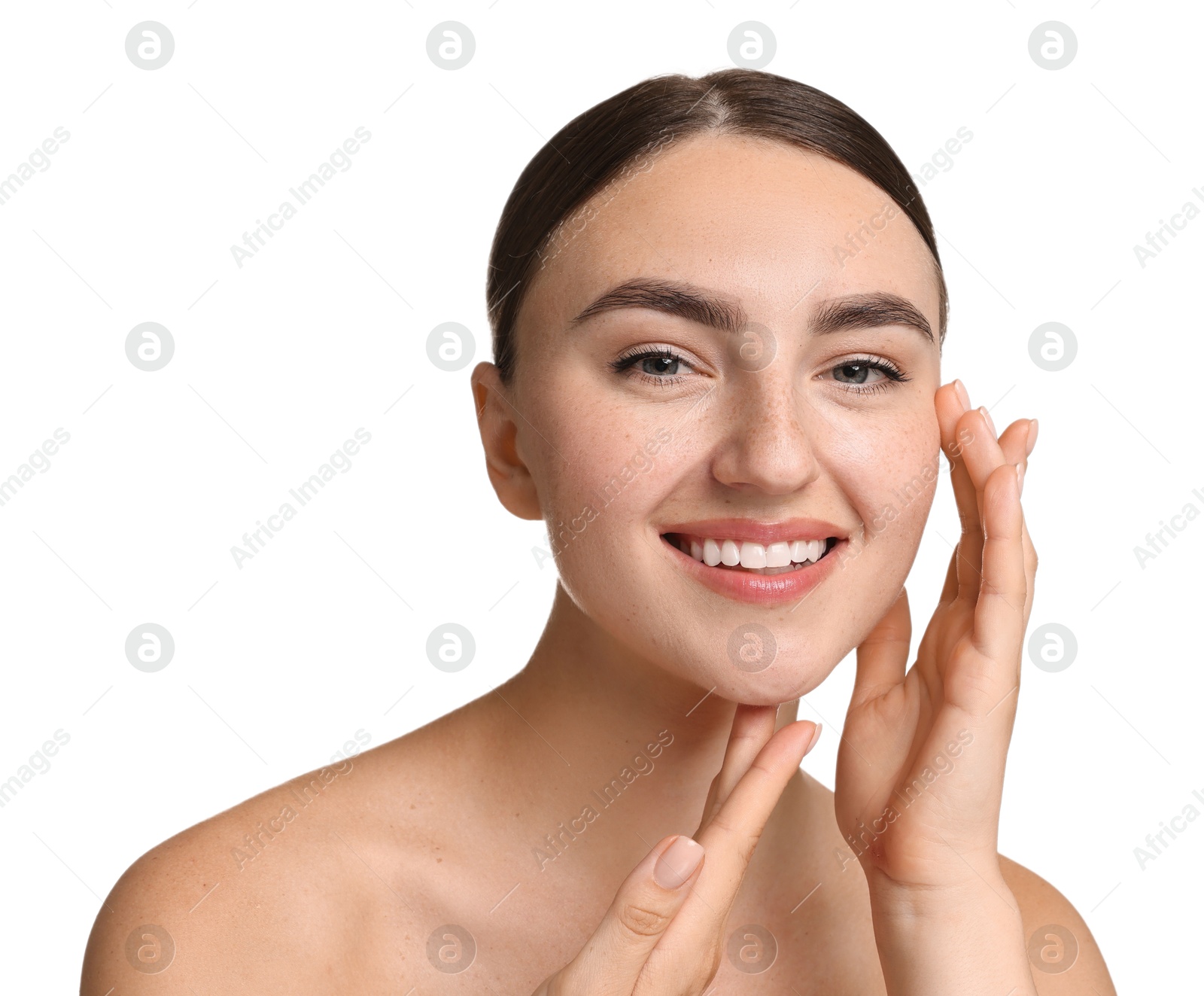 Photo of Face massage. Beautiful young woman on white background