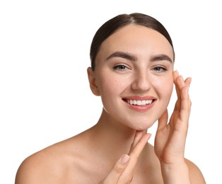 Photo of Face massage. Beautiful young woman on white background