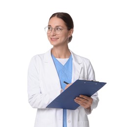 Nurse in medical uniform with clipboard on white background