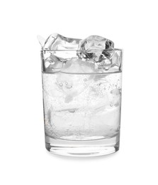 Refreshing water with ice in glass isolated on white