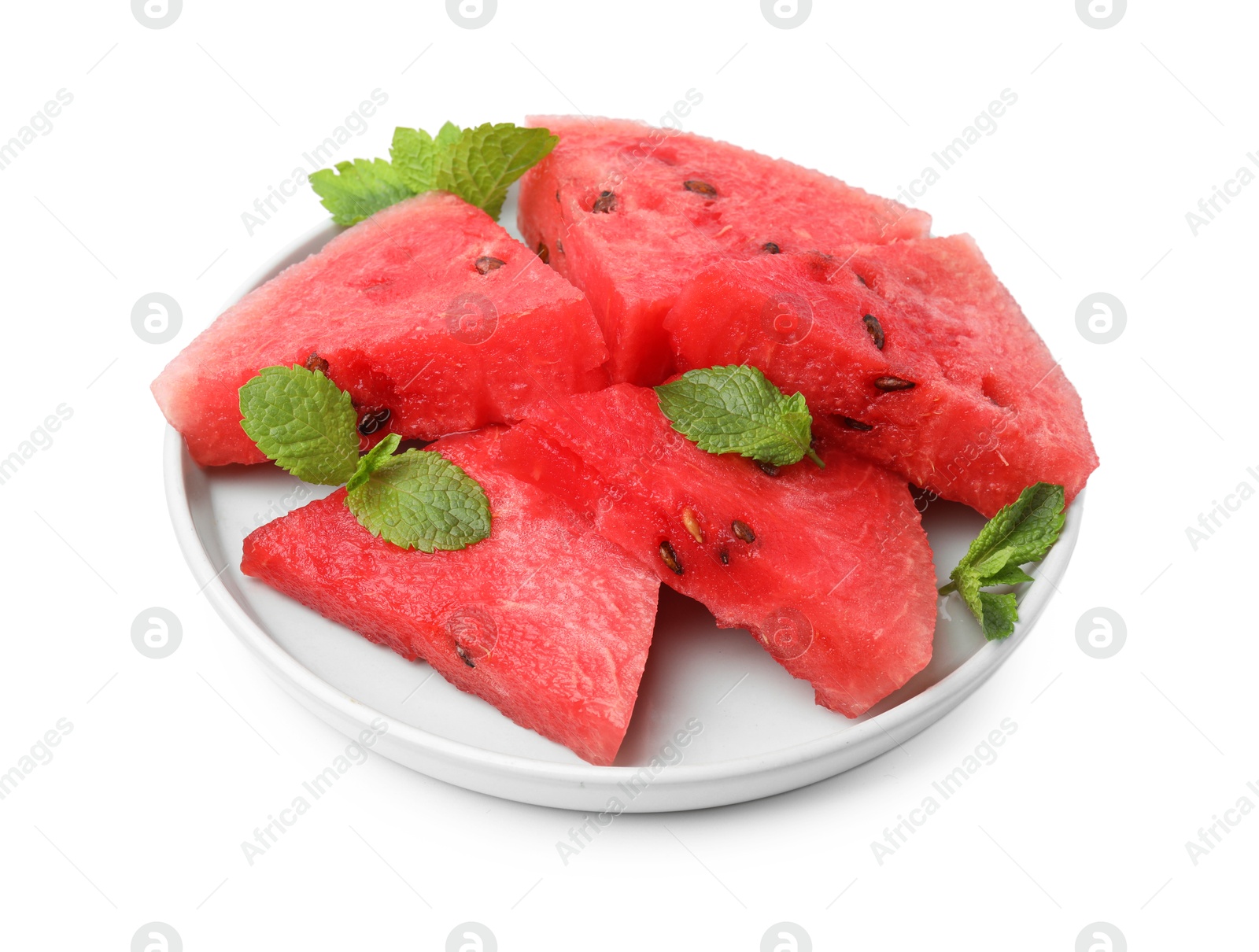 Photo of Pieces of tasty watermelon and mint isolated on white