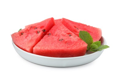 Photo of Pieces of tasty watermelon and mint isolated on white