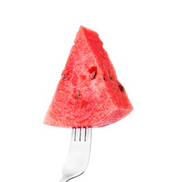 Photo of Fork with piece of tasty watermelon isolated on white