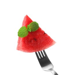 Photo of Fork with piece of tasty watermelon and mint isolated on white